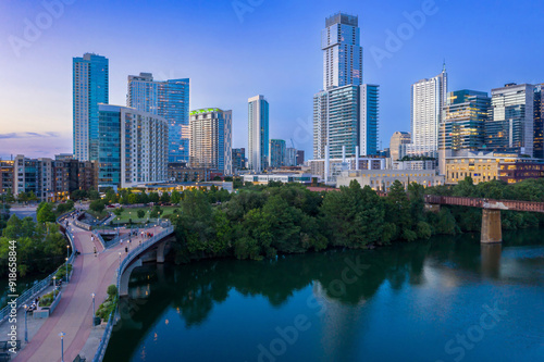 Colorado River and downtown cityskline at sunrise, Austin, Texas, United States.