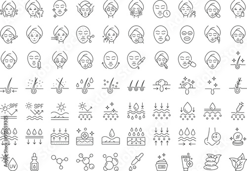 Skin care line icons set. Moisture cream, acid, anti wrinkle serum, ceramide, collagen, retinol compound, sunscreen vector illustration. Editable Stroke