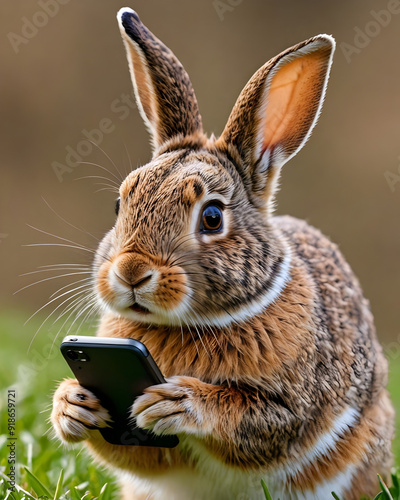 Retrato conejo manejando un teléfono móvil