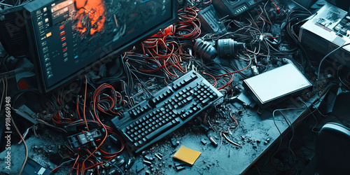 Cyber Chaos: Tangled cords, abandoned keyboards and monitors, strewn about an unkempt workspace