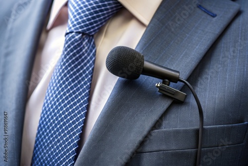 Small, sleek lavalier microphone attached to a lapel, ready to capture high-quality audio in a podcast, presentation, or video recording setting.