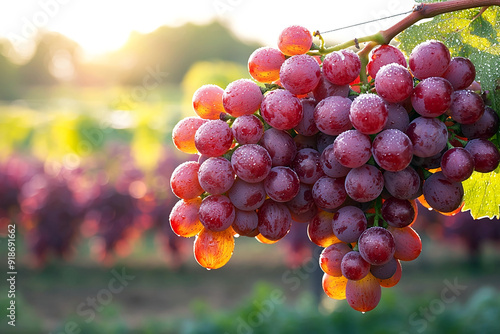 Bunches of grapes hanging in a vineyard in the morning sunlight.