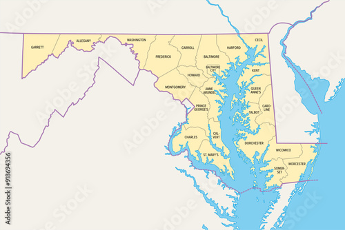 Maryland, U.S. state, political map with borders and county names. State in the Mid-Atlantic region of United States, subdivided into 23 counties and the independent City of Baltimore. Old Line State