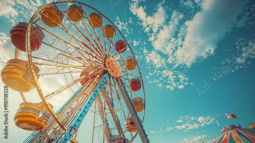 a ferris wheel with a blue sky in the background