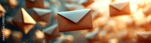 Image of numerous brown envelopes floating in mid-air with a warm, blurred background. Represents communication, mailing, and messages.