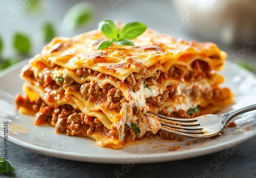 A close-up of a delicious lasagna dish with a fork in it.