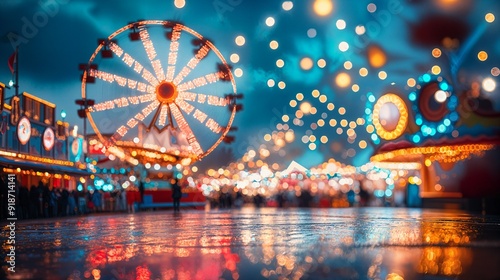 a carnival with a ferris wheel at night