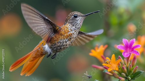 Festive Coquette Lophornis chalybeus hovering near flowers in the Amazon rainforest also called Beijaflordecristafestiva