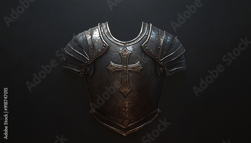 3D Rendered Medieval Chestplate with Cross Emblem on Dark Background