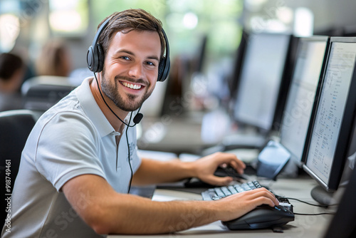 Smiling customer service representative working in a call center.