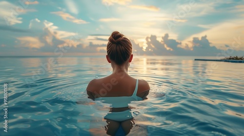 Happy woman in white swimsuit swimming in infinity pool at luxury hotel against ocean front young female enjoy in tropical resort Relaxing summer travel holiday vacation and weekend c : Generative AI