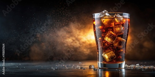 Refreshing cold coke in a glass with condensation, bubbles, and ice cubes , soda, beverage, drink, carbonated, refreshment, cola