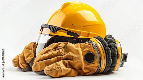 Hard hat protective gloves goggles and earmuffs isolated on white : Generative AI