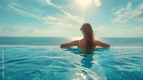 Young woman enjoying the edge of the water of a luxurious infinity pool merging with the horizon on the background of the sea in a tropical warm sea resort : Generative AI