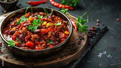 Food concept Homemade Chili con carne on wooden board and black slate stone background with copy space : Generative AI