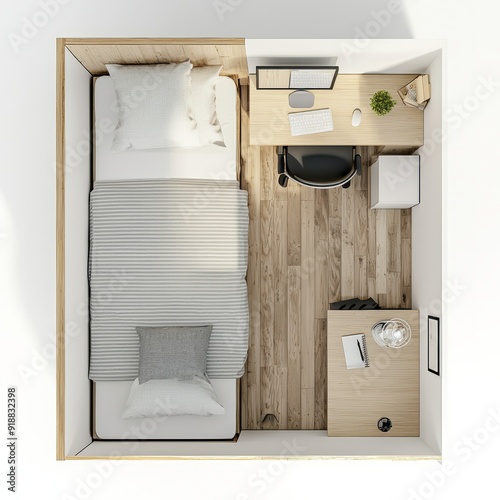 Top down view, 3D Render of a small guest room with a single bed, desk, floor plan, on isolated white background