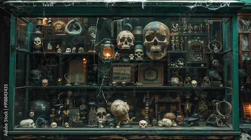 Spooky antique shop window filled with curiosities and oddities