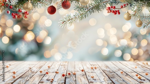 Bright wooden table with blurred Christmas tree background, Template, Free copy space in the middle for text