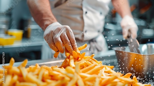 chef preparing french fries in restaurant kitchen : Generative AI