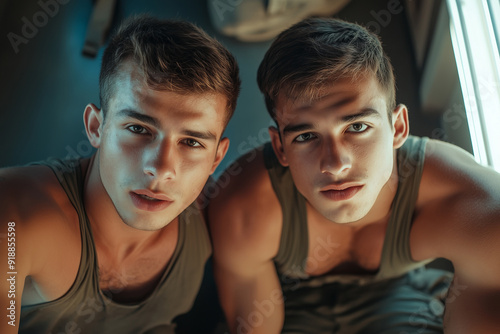 Two Young Army Recruits in Tank Tops, Intense Expressions in Dimly Lit Room