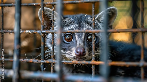 Closeup pandanus civet or weasel in cage Civet cat animal in captivity at coffee plantation farm in Vietnam animals rights : Generative AI