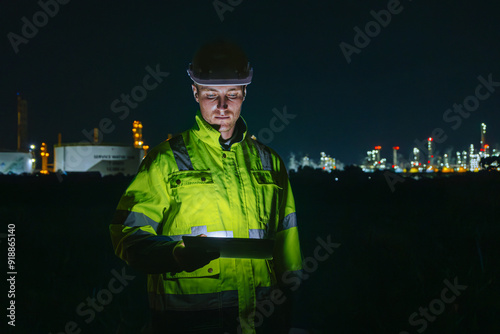 Night shift engineer oil and gas refinery service, male worker hard work in petroleum industry plant dark background.