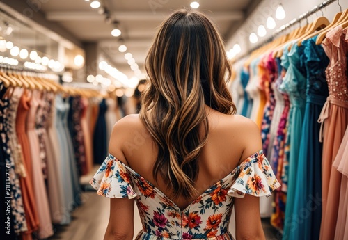 Rearview of a young woman in a fashion boutique, looking at colorful dresses. Represents retail clothing, wardrobe accessories, and consumerism