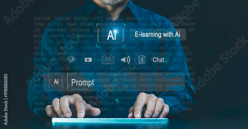 E- learning with AI technology concept. online education, webinar, online courses, Ai intelligence software and machine learning enhance personalised learning, remote learning on internet.