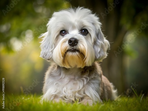 Elegant Dandie Dinmont Terrier sits poised with refined features, its fluffy mustache and gentle eyes conveying intelligence, while its compact body exudes quiet confidence.