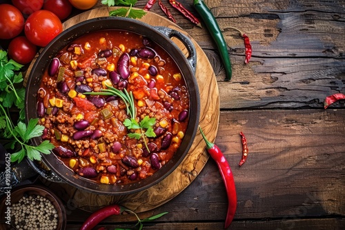 Wooden background with chili con carne in saucepan