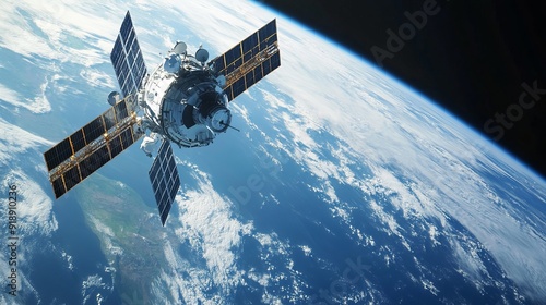 Military Satellite Orbiting Earth: Close-Up View