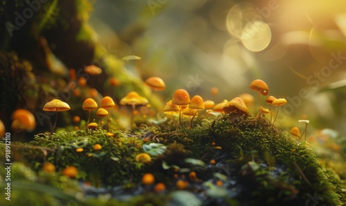 Forest floor macro, intricate details, tiny mushrooms, nature's microcosm