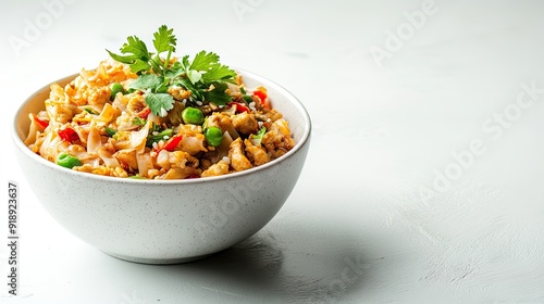 A bowl of pad kra pao on a clean white background with room for text or logos.