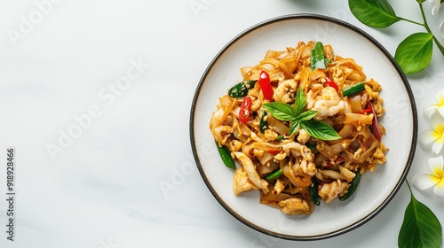 A plate of pad kra pao on a clean white background with space for text or branding elements.