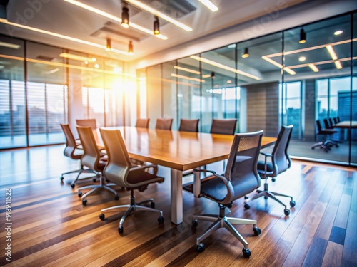 Abstract blurred office interior space with modern table and chairs set for meeting, awaiting arrival of business colleagues and entrepreneurs.