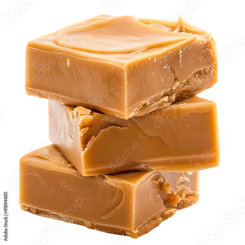 Three Stacked Pieces of Caramel Fudge Isolated without Background.