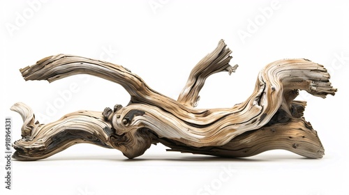 An energetic wood sculpture with elaborate turns and a sleek surface against a dark backdrop.