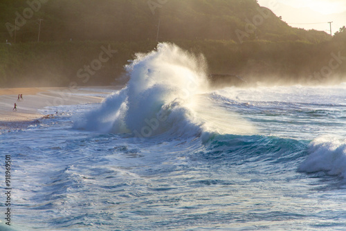 Huge Waves Crashing on the Shore at Waimea Bay, O'ahu, Hawai'i