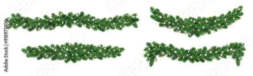 Christmas tree garlands on transparent background. Realistic pine-tree branches with glowing sparkling Christmas lights decoration. Vector border for holiday banners, party posters, cards, headers.