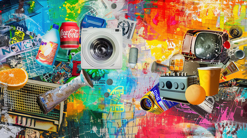 A vibrant pop art collage showcasing various recycled products, highlighting their versatility and creativity