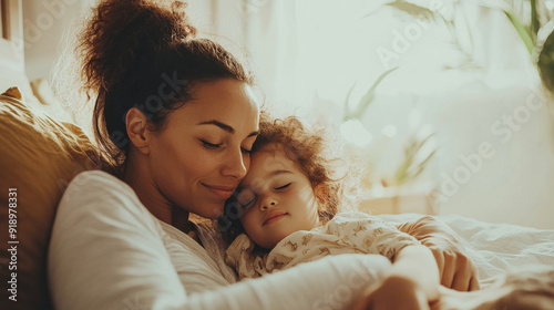 Mother putting to bed her young toddler kid , caucasian female with a child in bedroom for bedtime routine ritual