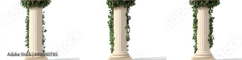 White marble Greek columns with green ivy creeper. Climbing hedera vine pathway. 3D representation of creeping plants on roman railings.