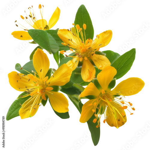 Isolated St. John's Wort Flowering Plant with Yellow Blooms and Leaves.