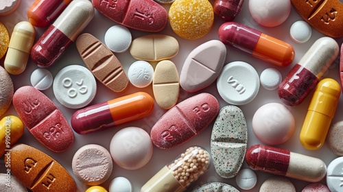 Variety of prescription and over-the-counter medications arranged on a surface, showcasing different shapes and colors