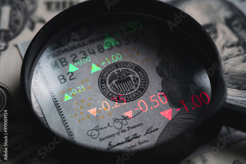 Closeup on magnifier glass with Benjamin Franklin on US dollar banknote and stock market graph for currency exchange and Interest rates concept.