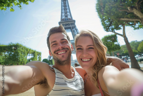 A joyful couple, a man and a woman, are taking a selfie in front of the Eiffel Tower on a sunny day, showcasing their bright smiles and happiness