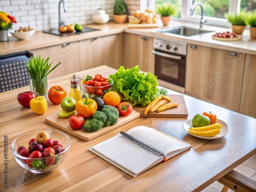 Fresh fruits and vegetables surround a notebook with a customized meal plan on a modern kitchen table, emphasizing healthy eating habits and nutrition guidance.