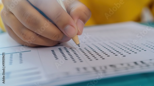 A student carefully marks responses on a standardized test using a pencil, demonstrating focus and diligence in a bright learning environment