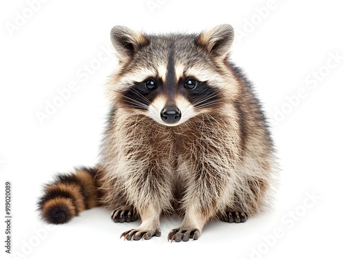 A raccoon sitting with a curious expression against a white background