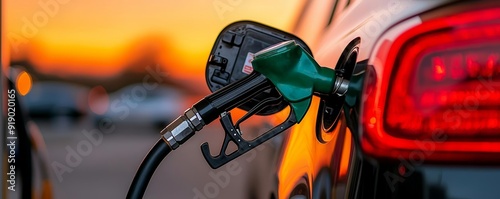 Car refueling at a gas station, with a focus on the fuel nozzle in action against a glowing sunset backdrop